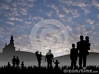 Young people with children going to church Stock Photo