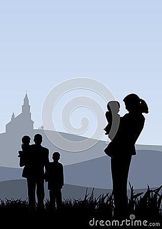 Young people with children going to church holiday catholic illustration Cartoon Illustration