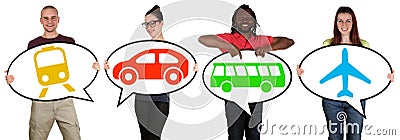 Young people choosing transport bus, train, car or plane Stock Photo