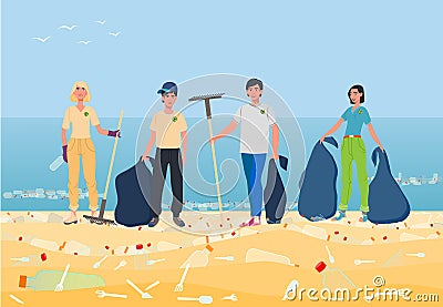 Young people collect plastic trash on the seashore. Vector Illustration