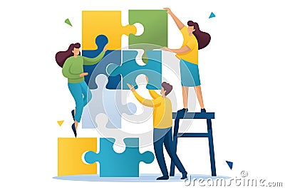 Young people connecting puzzle elements, teamwork, cooperation, partnership. Flat 2D character. Concept for web design Vector Illustration