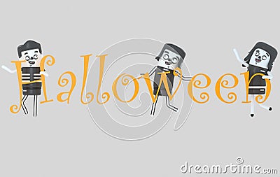 Young people in costumes holding halloween letters. 3d illustration Cartoon Illustration