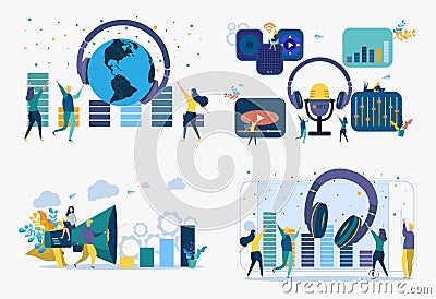 Young people dancing in a nightclub, listening to music, a DJ concert. Quiet disco, party headphones, equalizer, disco. Colorful Stock Photo