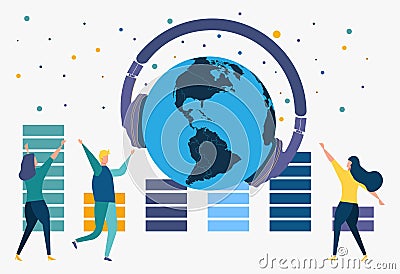 Young people dancing in a nightclub, listening to music, a DJ concert. Quiet disco, party headphones, equalizer, disco Cartoon Illustration