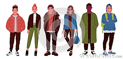 Young people dressed in trendy clothes. Street style. Fashionable image of girls and guys Cartoon Illustration