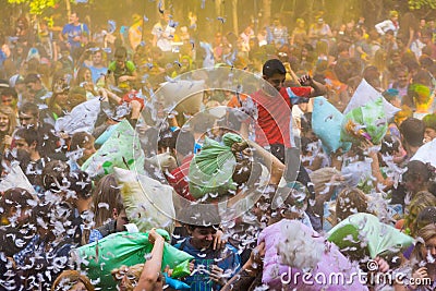 Young people are fighting pillows Editorial Stock Photo