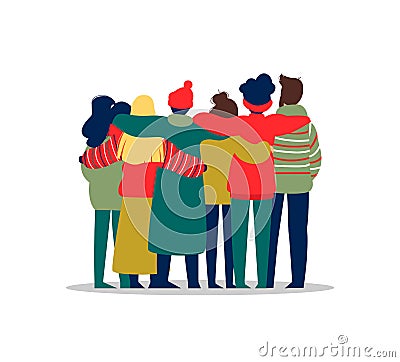 Young people friend group hug in winter season Vector Illustration