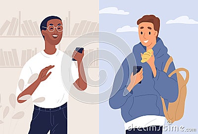 Young people, friends chatting by messenger. Teenager reading, receiving funny message, joke, trick, prank by smartphone Vector Illustration