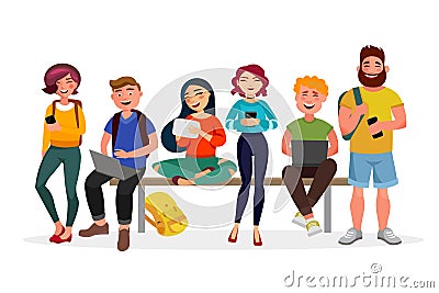 Young people gather together with gadgets. Youth spending time, walking, working and smiling. Men and women in casual Cartoon Illustration