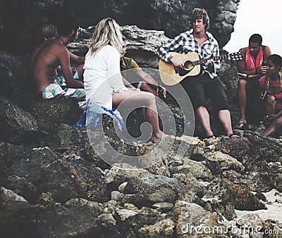 Young People Gathering Beach Leisure Friendship Concept Stock Photo