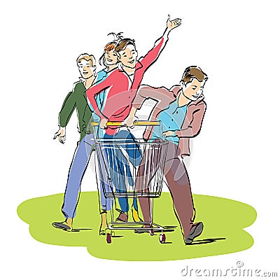 Young people with a grocery cart Vector Illustration