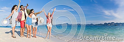 Young People Group On Beach Summer Vacation, Happy Smiling Friends Walking Seaside Stock Photo