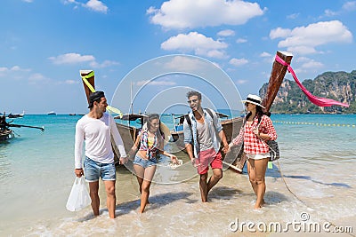 Young People Group Tourist Long Tail Thailand Boat Ocean Friends Sea Vacation Travel Trip Stock Photo