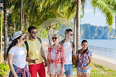 Young People Group Tropical Beach Palm Trees Friends Walking Speaking Holiday Sea Summer Vacation Stock Photo