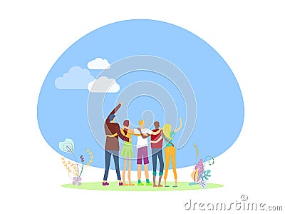 Young people hug and look to future. World youth day as joy friendship multiracial modern communication. Girls and boys Vector Illustration