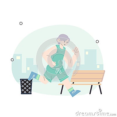Young people jogging in city park in summer. Group of runners running along path, training outdoors. Active and healthy lifestyle Vector Illustration