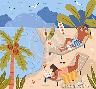 Young people lying on beach and sunbathing at sea resort. Happy man and woman resting and relaxing at seaside on summer Vector Illustration