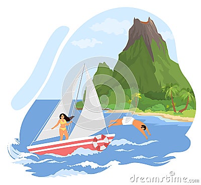 Young people, male and female couple yachting together Vector Illustration