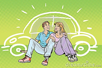 Young people man and woman dream about the car Vector Illustration