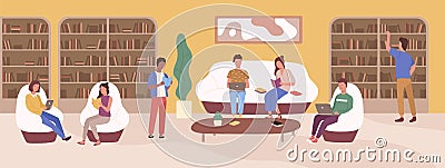 Young people at modern public library vector flat illustration. Focused man and woman reading book, use laptop, sitting Vector Illustration
