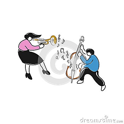 cute flat people illustration woman and man musician playing instrument musical, people musicians concert event design Vector Illustration