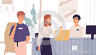 Young people in outlet shop purchasing clothes. Cashier at checkout counter and customers standing in queue. Man and Vector Illustration