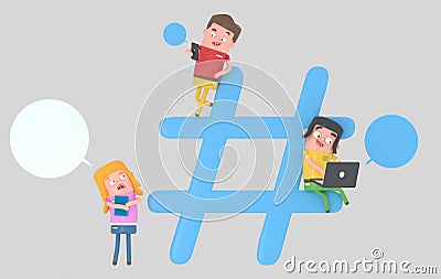 Young people over hashtag internet symbol. 3d illustration Cartoon Illustration