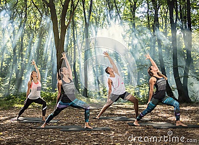 Young people perform stretching exercises in forest Stock Photo