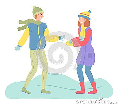 Young people play snowballs. Winter time. Games on fresh air. Flat cartoon heroes on white Vector Illustration