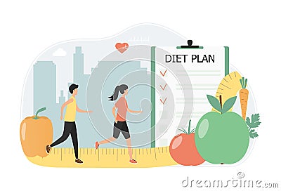 Young people play sports, run, eat right. Concept diet plan, weight control, vegetarianism, nutritionist advice. Vector Illustration