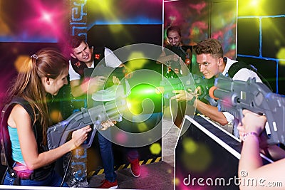Young people playing laser tag Stock Photo