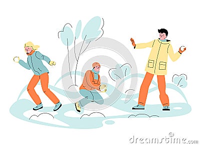 Young people are playing snowballs fight. Fun games on the background of a winter landscape. Vector illustration in Vector Illustration