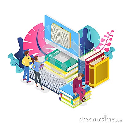 Young people reading book on big computer, guy sitting on pile of literature and looking to smartphone. Vector Illustration