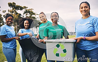 Young people, recycling and volunteer portrait of group doing outdoor waste and garbage cleaning. Earth day, charity and Stock Photo