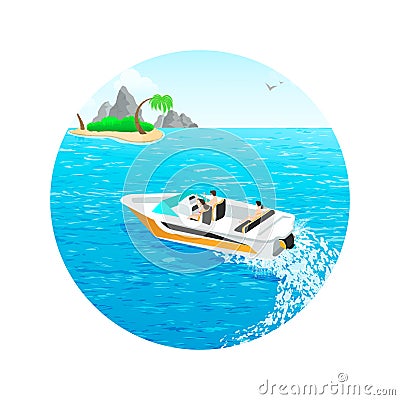 Young people ride a motor boat off the islands Vector Illustration