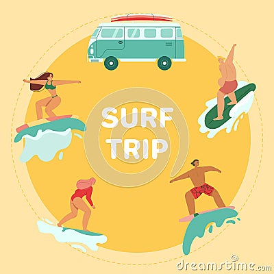 Young people riding on surfboards set, vintage camper van Vector Illustration
