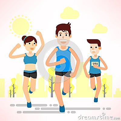 Young people running and training for marathon sport Vector Illustration