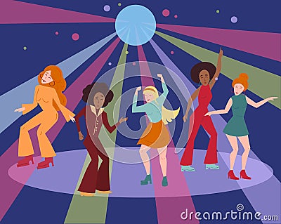 Multi ethnic group in 1960 1970 cloth dance disco Cartoon Illustration