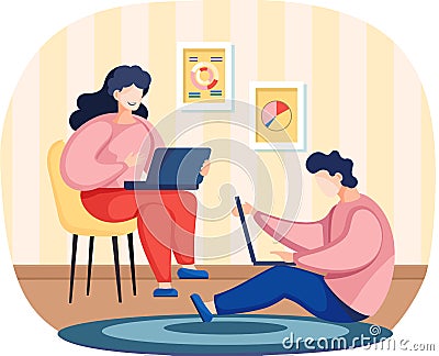 Young people sitting with laptop in livingroom. Businessman and woman working in home office Stock Photo