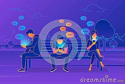 Young people sitting in the park and texting messages in chat using mobile smartphone Vector Illustration