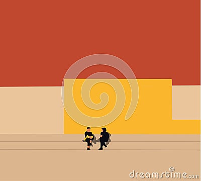 Young people sitting on stair enjoying sunshine and good weather, talking and socializing. Vector Illustration