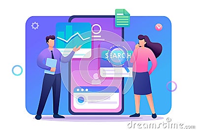 Young people stand near the mobile phone screen, testing the program and mobile application. Flat 2D character. Concept for web Vector Illustration
