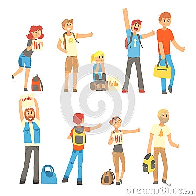 Young people standing with a sign hitchhiking and raised their thumb up set Vector Illustration