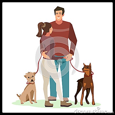 Young people stood with their dogs Vector Illustration