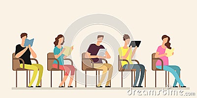 Young people studying with books in group. Friends reading together. Team education lifestyle vector concept Vector Illustration