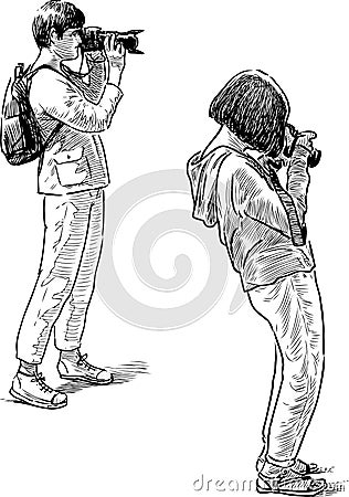 The young people taking the pictures Vector Illustration