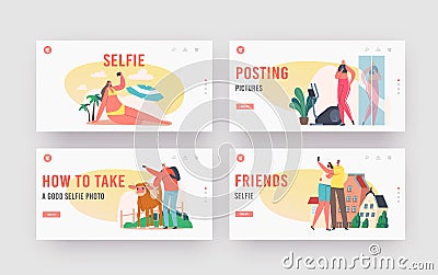 Young People Taking Selfie Landing Page Template Set. Happy Characters Shoot Photo during Summer Vacation on Beach Vector Illustration