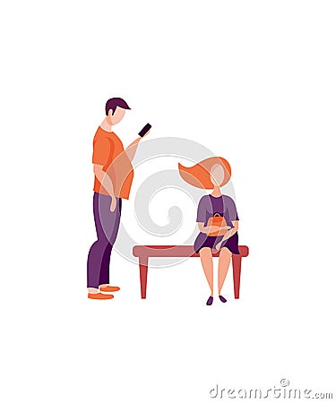 Young people using smartphone on bench Vector Illustration