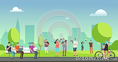 Young people using smartphones and tablets walking outdoors in park. Mobile internet addiction vector concept Vector Illustration