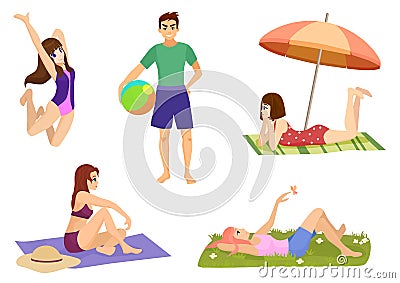 Young people and on vacation beach set. Summer holidays people. Beach relax activities near ocean or sea. Vector Illustration